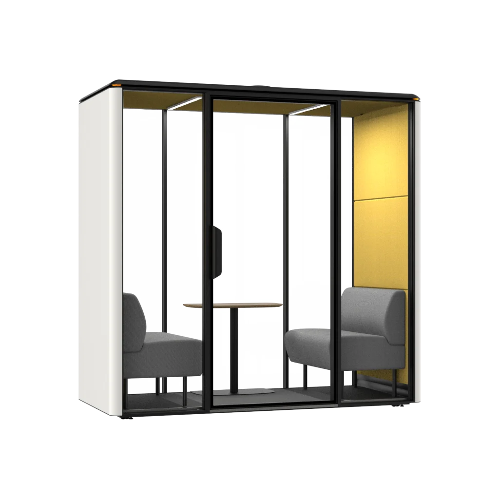 Glass-walled seating pod with black frame